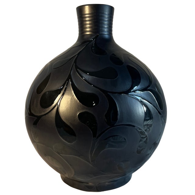 Large 16 In, Tall Bulbous Black Ceramic Leaf Design Vase For Sale - Image 12 of 14