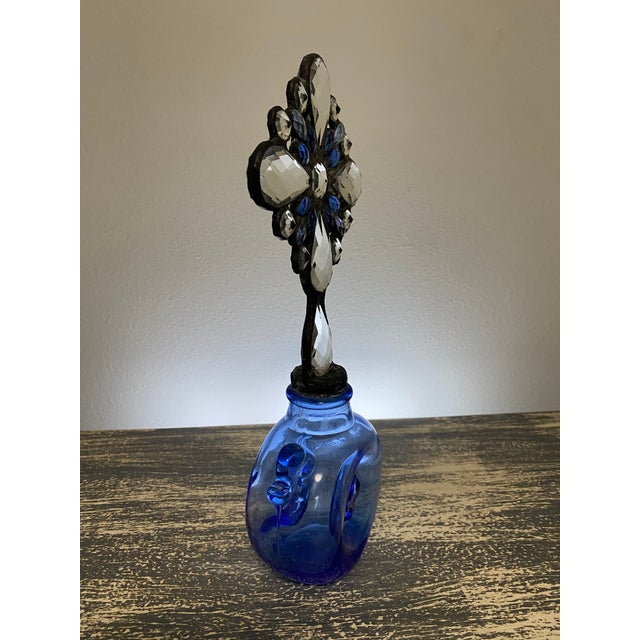 Early 21st Century Handmade Crystal Cross Assemblage Sculpture on Cobalt Blue Glass Bottle For Sale - Image 5 of 7