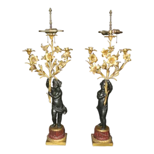 Pair 19th Century Bronze Dore' Cherubs Table Lamps Candelabra Manner Henry Dasson