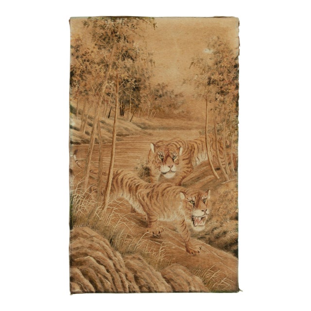 Textile Handwoven Antique Japanese Tapestry in Beige-Brown Tiger Pictorials For Sale - Image 7 of 7