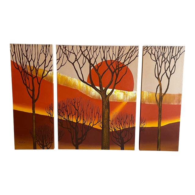 Vintage 1970s Letterman Style Hand-Painted Sunset Triptych – Original Studio Artwork, Signed For Sale