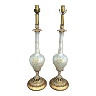 1960s Hollywood Regency Opalescent Art Glass & Gilded Brass Table Lamps - a Pair For Sale