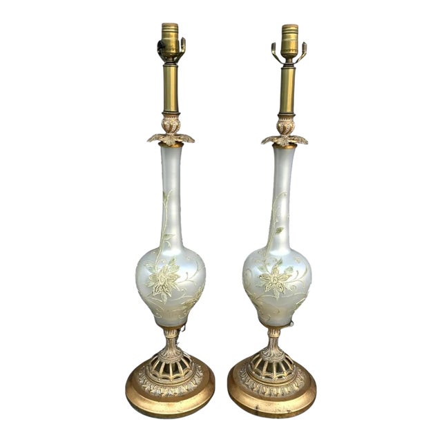 1960s Hollywood Regency Opalescent Art Glass & Gilded Brass Table Lamps - a Pair For Sale