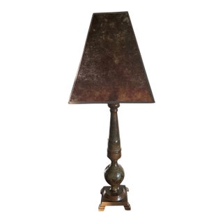 Vintage Mid-Century Modern Wescal Table Lamp With Faux Tortoiseshell Shade & Verdigris Finish For Sale