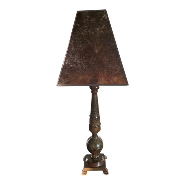Vintage Mid-Century Modern Wescal Table Lamp With Faux Tortoiseshell Shade & Verdigris Finish For Sale