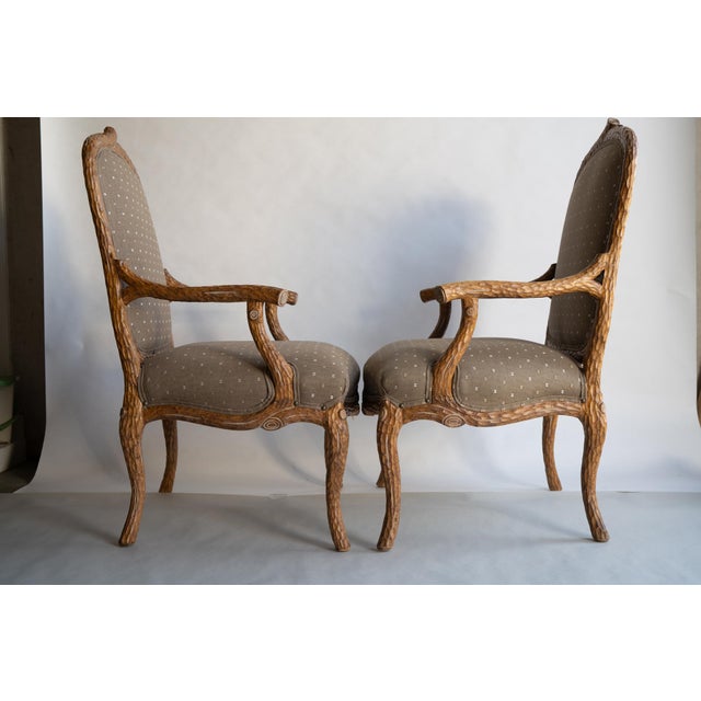 Wood Early 20th Century Pair Walnut French Louis XV Style Faux Bois Chairs For Sale - Image 7 of 13