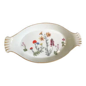 1980s Louis Lourioux “Le Faune” Au Gratin Dish Fireproof Porcelain Wild Flowers Made in France