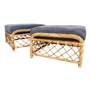 Vintage Bamboo Upholstered Rattan Ottomans After McGuire or Ficks Reed - a Pair For Sale