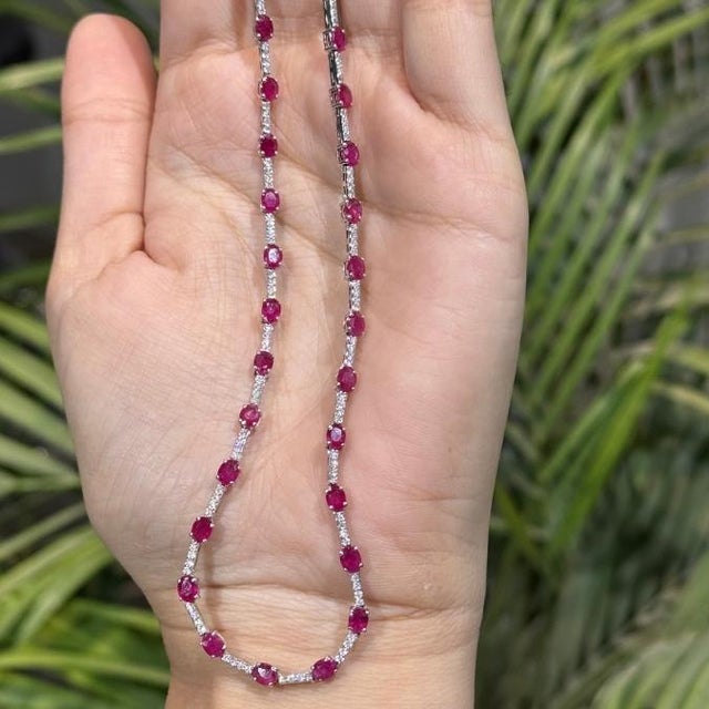 Natural 8.90ct Ruby & 1.24ct Diamond Riviera Tennis Necklace in 14k White Gold For Sale - Image 4 of 17
