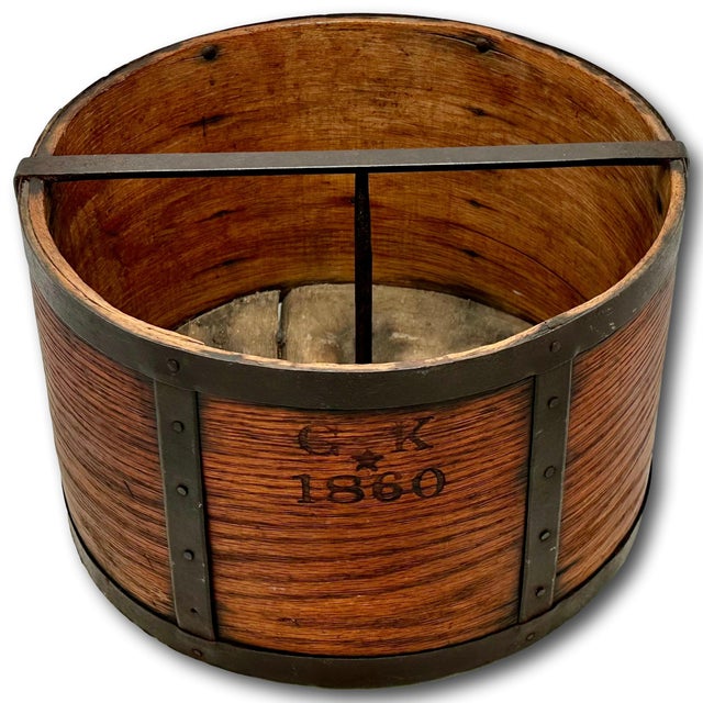 American Rare & Unusual Large Antique American Steam Bent Ash Wood & Wrought Iron Gristmill Dry Measure - Dated 1860 For Sale - Image 3 of 18
