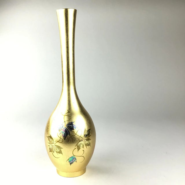 Gold Leaf Hand Painted Asian Lacquer Vase For Sale - Image 4 of 11