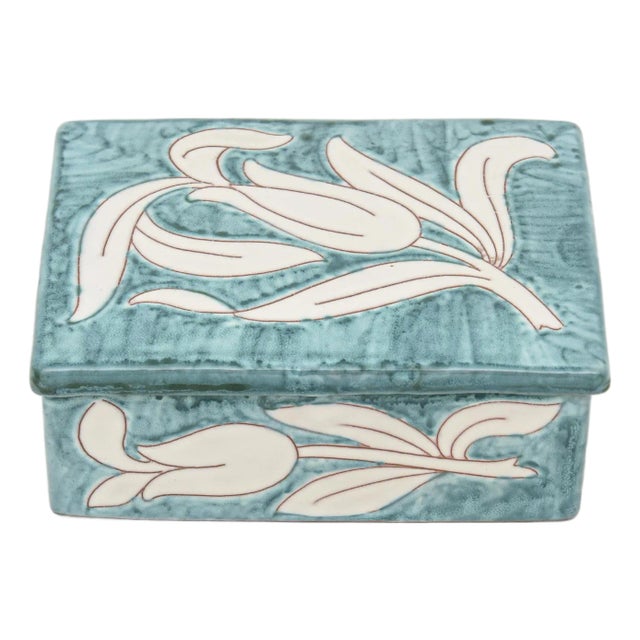 Vintage Italian Raymor Ceramic Flower Lidded Box Turquoise and White For Sale