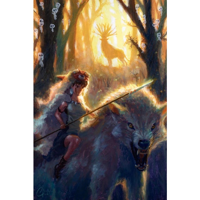 Princess Mononoke by Christopher Clark | Oil on wood Depiction of a girl with a spear riding a wolf. For Sale