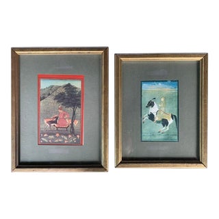 19th Century Pair of Framed Persian Miniature Paintings - Mughal Style Horseback & Hunt Scene For Sale