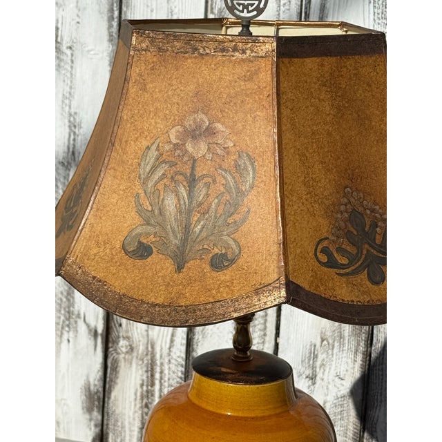 1940s 1940s Eggyolk Chinese &Terracotta Color Lamp With Custom Floral With Hand Painted Parchment Shade For Sale - Image 5 of 18