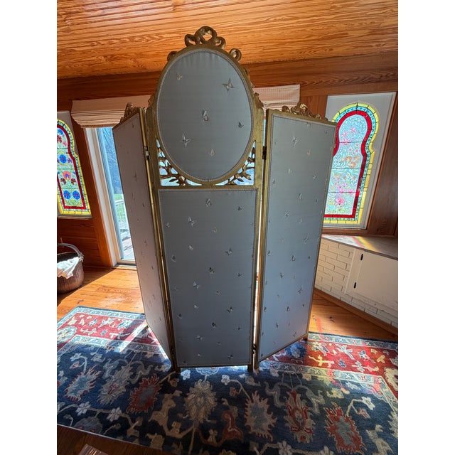 Wood Antique French Giltwood Three-Panel Folding Screen With Hand-Painted Landscapes and Mirror, Circa 1900 For Sale - Image 7 of 9