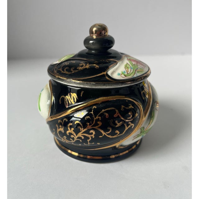 Ceramic Vintage Mid Century Norleans Hollywood Regency Black & Gold Porcelain Lidded Sugar Bowl Trinket Box , Japan For Sale - Image 7 of 11