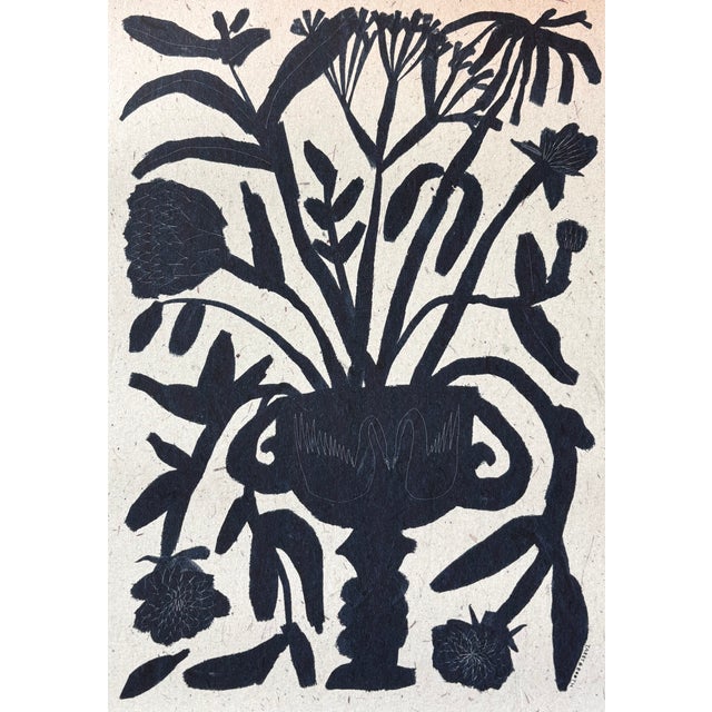 Striking black and ivory botanical spray still life by UK artist Tabby Booth. A studio-issued giclee of her original...