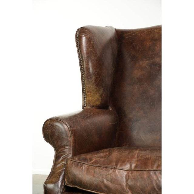 Large English Dark Cognac-colored Cowhide Leather Wing Armchairs, Set of 2 For Sale - Image 11 of 14