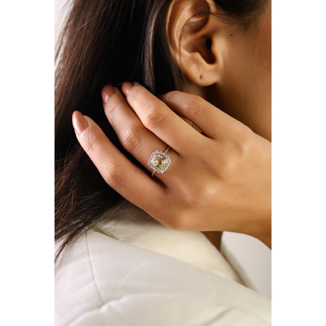 14k White Gold Yellow Sapphire & Diamond Art Deco Ring Size 6.5 For Sale - Image 4 of 13