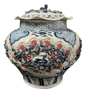 Late 20th Century Chinese Art Blue and White Underglazed Copper Red Covered Jar With Raised Floral Design