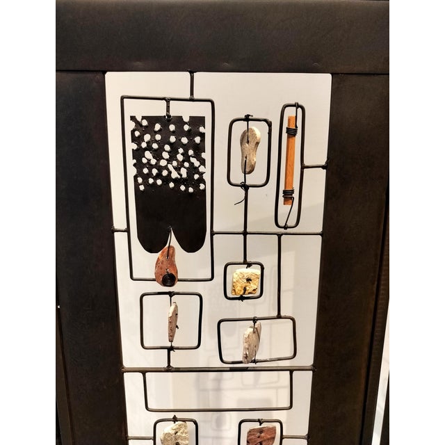 Post Modern 80's 90's Iron Folding Screen With Wood and Stone Elements For Sale - Image 4 of 6