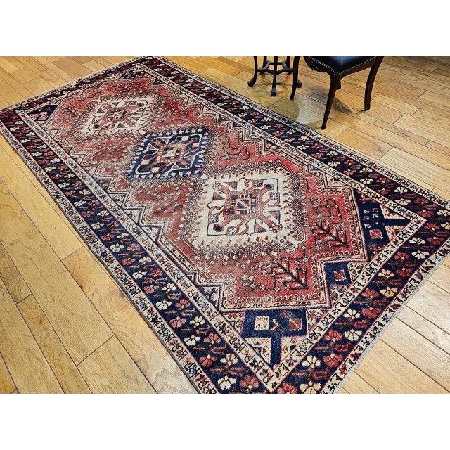 Red Vintage Persian Shiraz Tribal Area Rug, Hand-Knotted Wool, Geometric Pattern, Rust-Red & Navy, 5x10 For Sale - Image 8 of 11