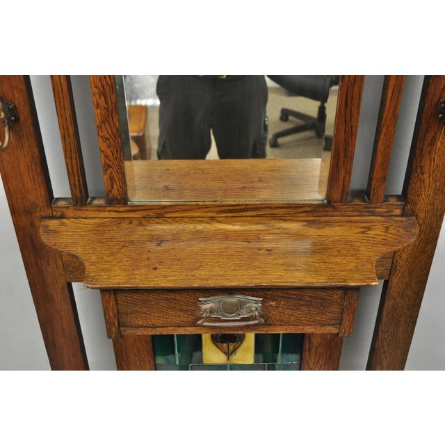 Antique English Art Nouveau Oak & Green Tile Coat Rack Umbrella Stand Hall Tree For Sale - Image 9 of 18