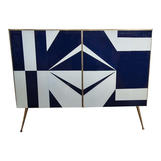 Wood Credenza with Blue and White Glass Doors, 1990s For Sale - Image 7 of 7