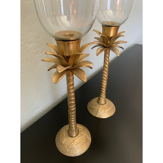 Hollywood Regency Vintage Large Brass Palm Candleholders With Hurricanes- a Pair For Sale - Image 3 of 9