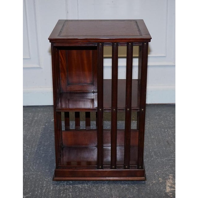Revival Inlaid Revolving Bookcase End Table with Brown Aged Leather Top For Sale - Image 5 of 18