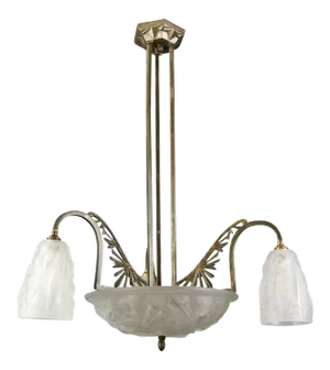 Frosted Glass & Bronze Chandelier by Francis Hubens for Verrerie D'Art Degué, 1930s