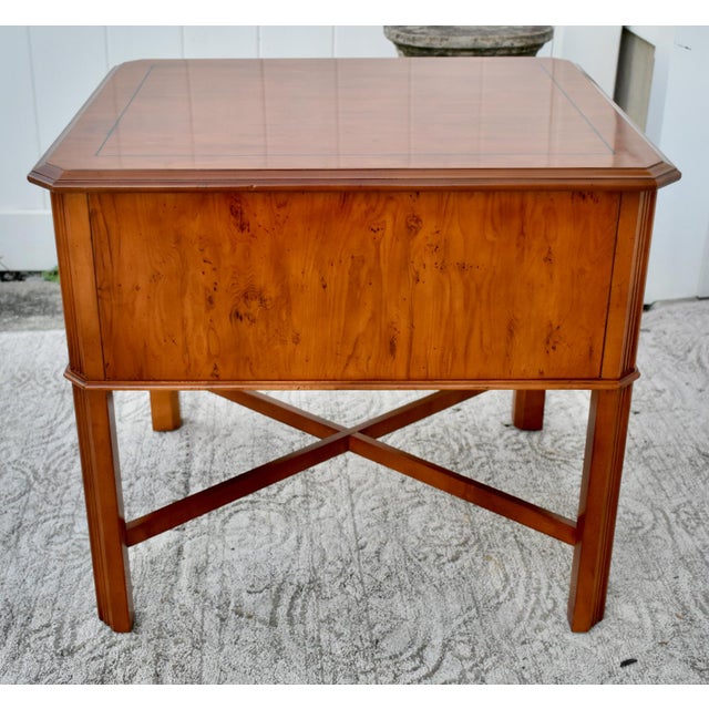 Brown Drexel Inlaid Side Table YewWood One Drawer Regency Style Stretcher Base Vintage For Sale - Image 8 of 13