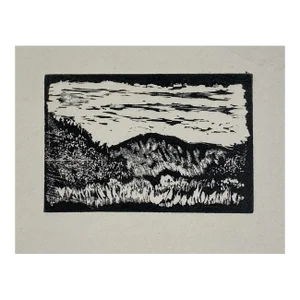 1980s Mountain Landscape Miniature Linocut