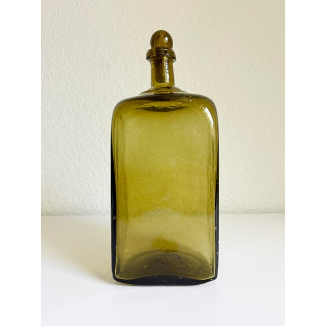 Rustic Vintage Olive Green Blown Glass Decanter Bottle For Sale - Image 3 of 7
