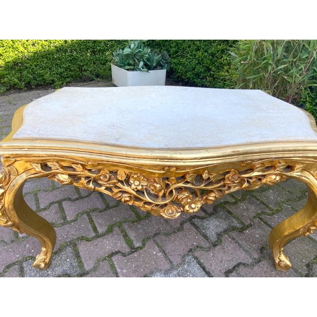 1980s Artisan Louis XVI Gold Beech Marble Coffee Table For Sale - Image 6 of 11