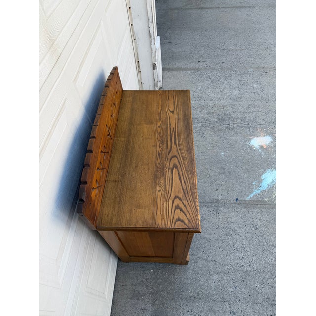 Wood Antique Oak Washstand With Carved Backsplash, Cabinet and Brass Hardware For Sale - Image 7 of 12