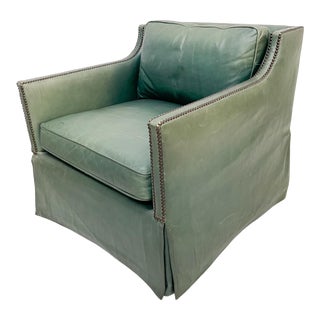 Bernhardt Classic Club Armchair in Aqua Delano Leather With Brass Nail Head Trim For Sale