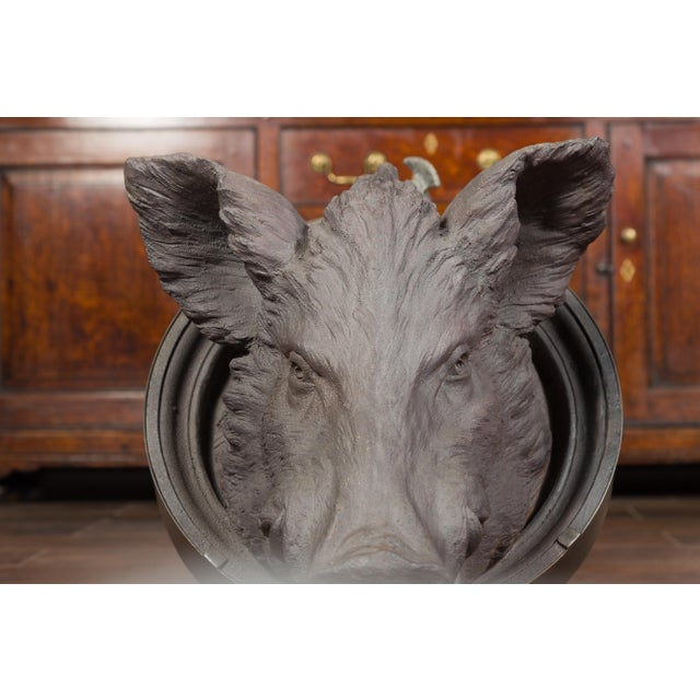 English 1880s Terracotta Hog Head Mounted on New Custom Circular Iron Frame For Sale In Atlanta - Image 6 of 12