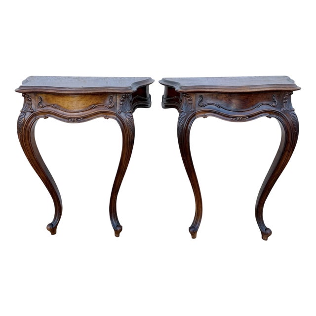 French Louis XV Style Walnut Wall-Mounted Bedside Tables, 1930, Set of 2 For Sale