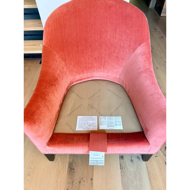 Shell Custom Ethan Allen Coral Velvet Barrel Lounge Chair With Nailhead Trim For Sale - Image 7 of 10