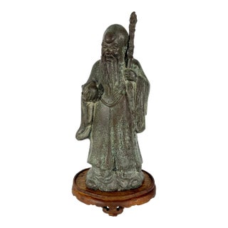 Old Chinese Patinated Bronze Figure of the Wise Man, Fu Lou Shou - Deity of Longevity For Sale