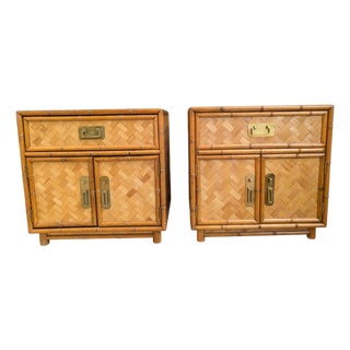 Vintage Faux Bamboo Pair of 2 Nightstands With Herringbone Parquet Rattan Fronts, in the Style of Dixie For Sale