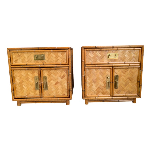 Vintage Faux Bamboo Pair of 2 Nightstands With Herringbone Parquet Rattan Fronts, in the Style of Dixie For Sale