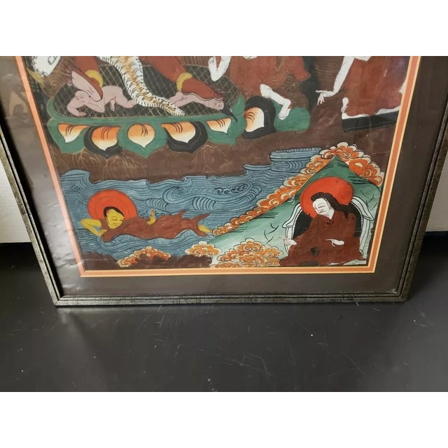 Chinese Circa 1970 Tibetan Buddhist Yogi-Saint Milarepa Demon Framed Thangka Narrative Scroll Textile Painting. For Sale - Image 3 of 5