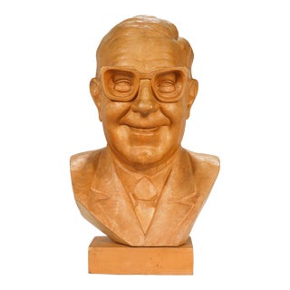 Large Mid-Century Modern Carved Wooden Bust or Sculpture of a Man With Glasses by T. Stasiak For Sale