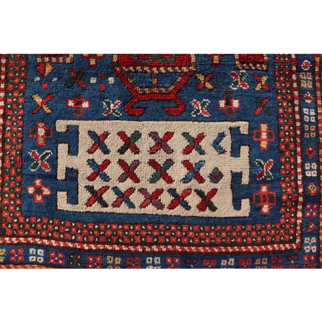 Royal Blue Antique Caucasian Kazak Rug With Geometrics Medallions 4'4" X7'0" For Sale - Image 8 of 14
