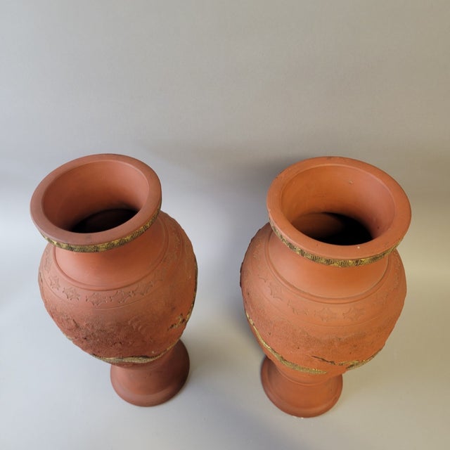 Red Pair of Japanese Tokoname Terracotta Vases With Applied Gilt Dragons, 15” For Sale - Image 8 of 8