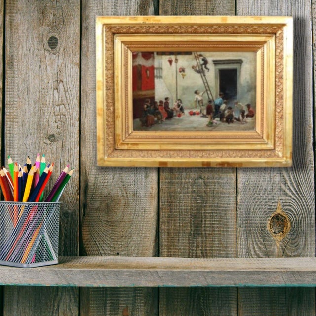 We are pleased to present this splendid small 19th-century oil painting on canvas. The work depicts a lively genre scene...