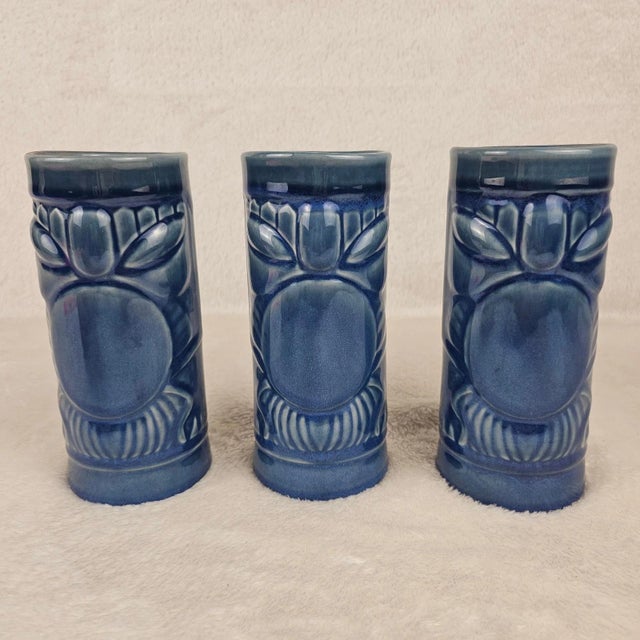 Shabby Chic 1970s Hollywood Regency Libbey Blue Ceramic Tiki Mugs - Set of 3 For Sale - Image 3 of 10